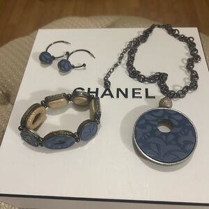 CHANEL Blue and Cream Resin Pendant Necklace with Matching Bracelet and Earrings